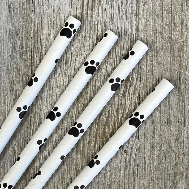 200pcs Dog Theme Paw Print Paper Drinking Straws Black White party suppliers party straws