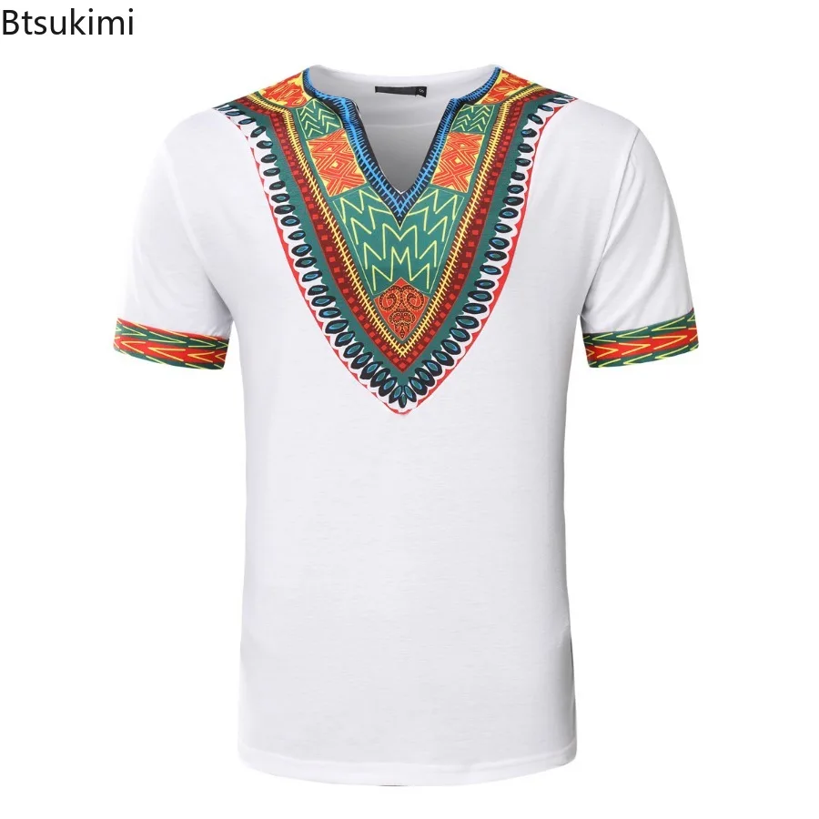 2024 Mannen Afrikaanse Traditionele Kleding Mannen Dashiki Korte Mouw T-Shirt Mode V-Hals Bedrukt Etnische Stijl Casual Tops Voor Mannen