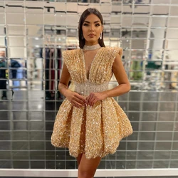 Fashion Gold Sequins Cocktail Party Gowns Sexy Half High Neck Mini Homecoming Dresses Unique Sleeveless Short Evening Prom Dress