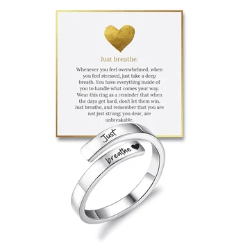 Anello avvolgente in acciaio inossidabile alla moda Just Breathe con carta ispiratrice per alleviare l'ansia Anelli per le donne