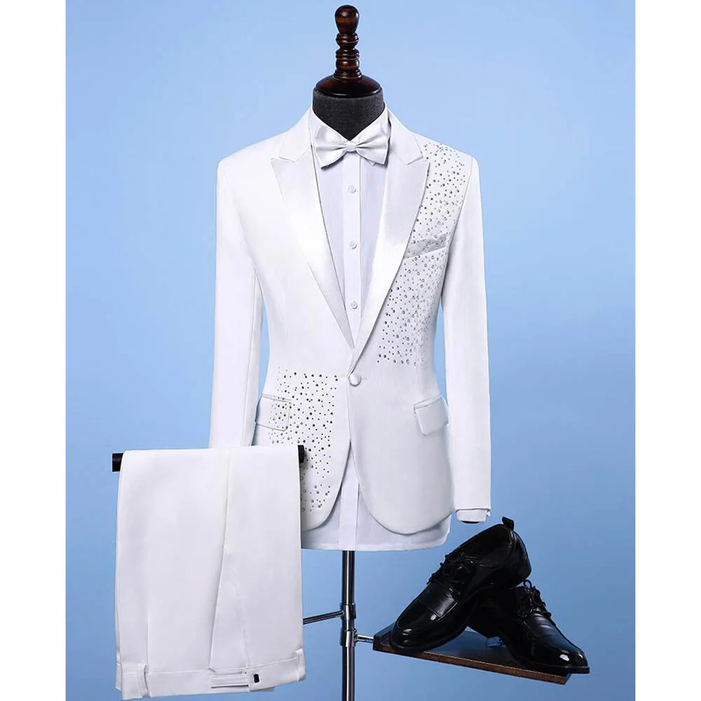 

Male Suit with Diamonds Fashion 2 Piece Stage Performance Concert Host Tuxedo Peak Lapel Single Button Blazer with Pants Slim
