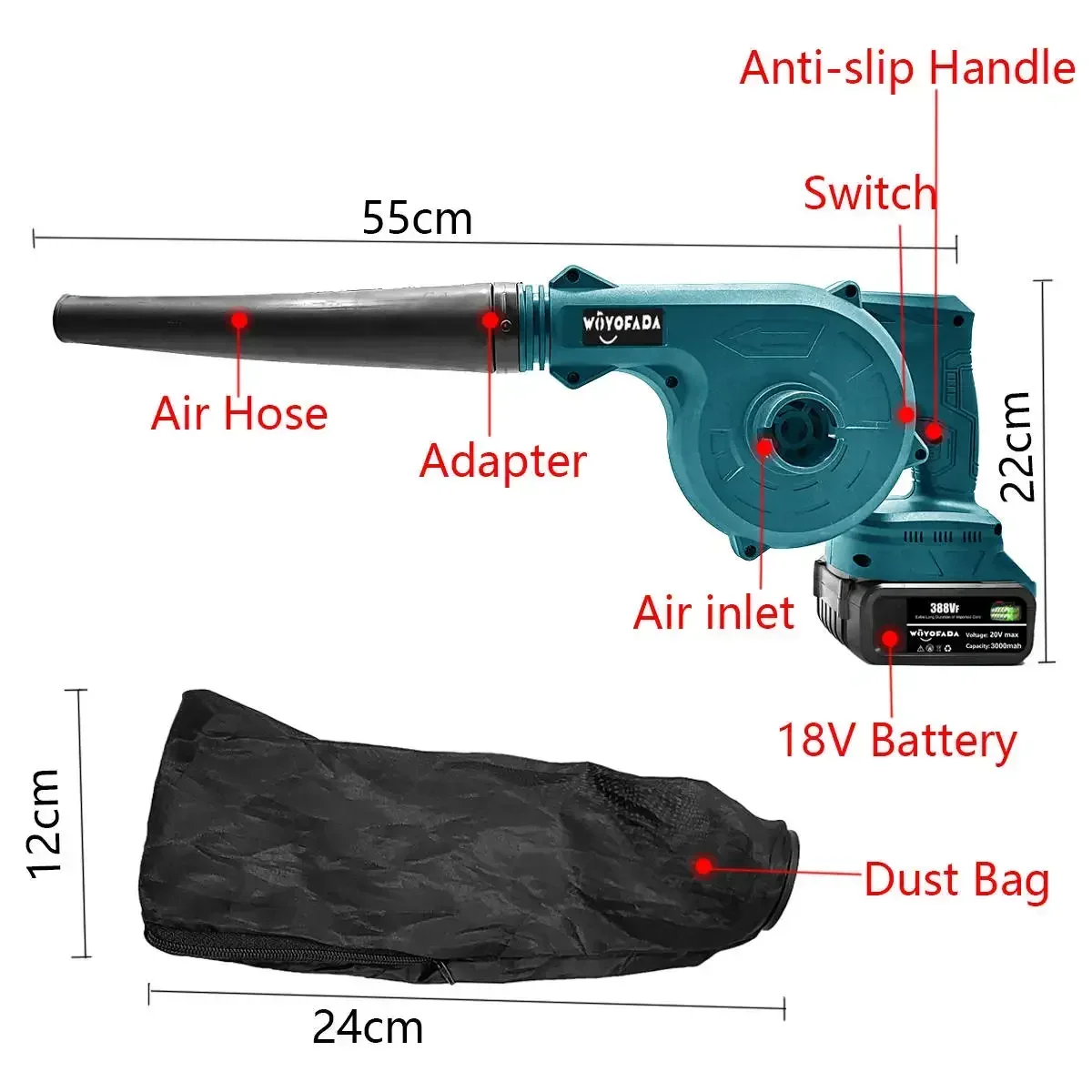 2 In 1 Cordless Electric Air Blower Vacuum Cleannig Blower Blowing & Suction Leaf Dust Collector For Makita 18V Battery 3