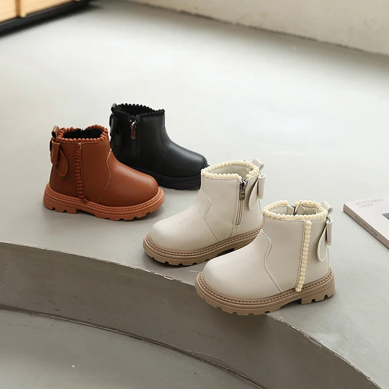 Girls Leather Ankle Boots with Bowknot for Kids