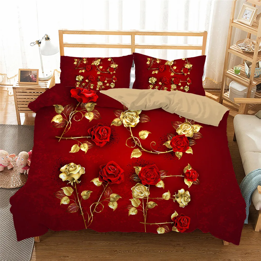 3D Shiny Red Golden Rose Flowers Duvet Cover Set with Pillowcase Valentine's Day Luxury Bedding Set Bedroom Dorm Decor Bed Sets