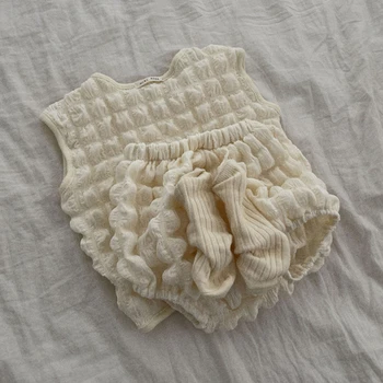 Set di abbigliamento per neonata estiva Bubble Plaid Puffy t-shirt e pantaloncini per neonato in cotone carino senza maniche vestiti per bambini 1