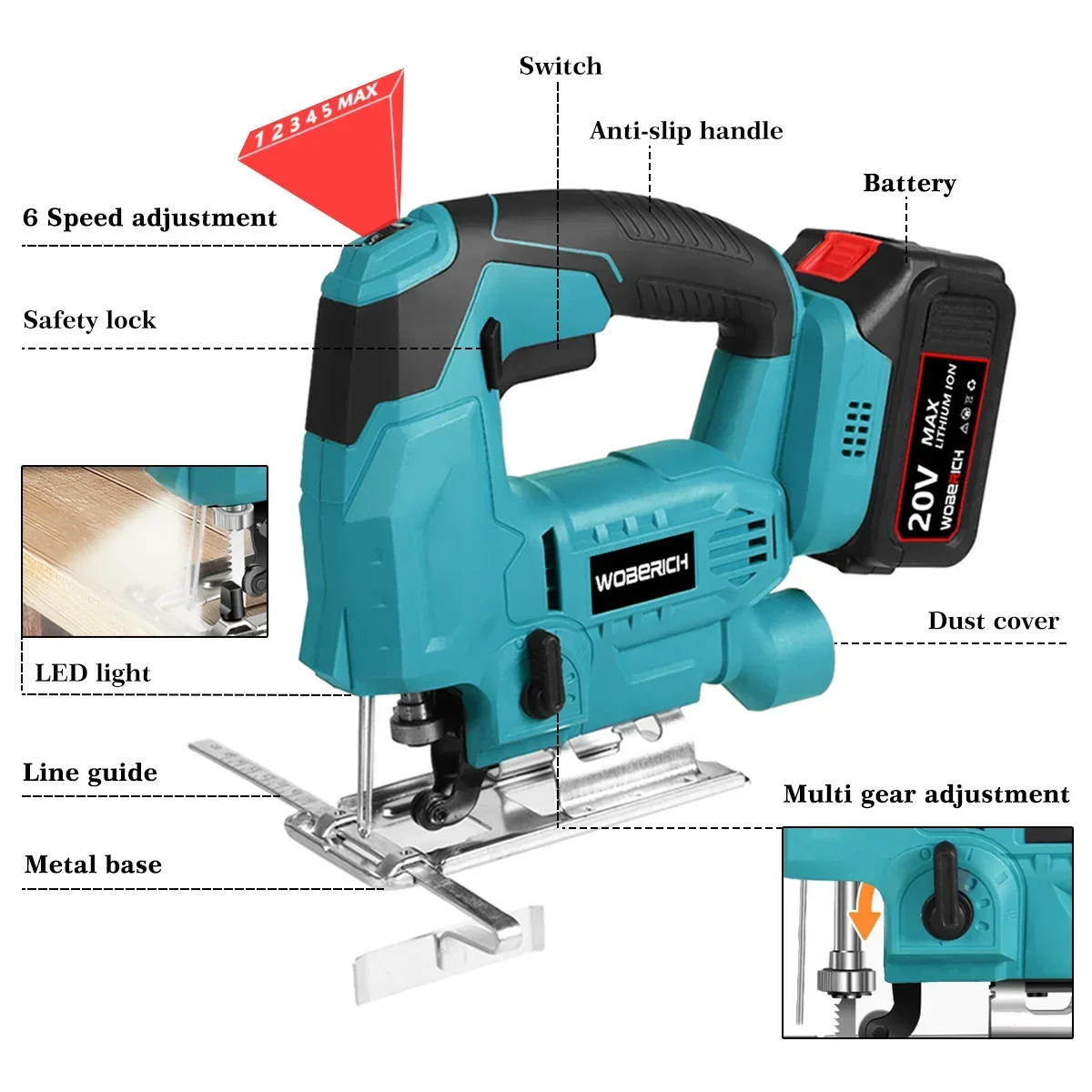 Jigsaw Cordless Quick Blade Change Electric Saw 65mm 6 Gear LED Light Guide Woodworking Power Tool for Makita 18V Battery