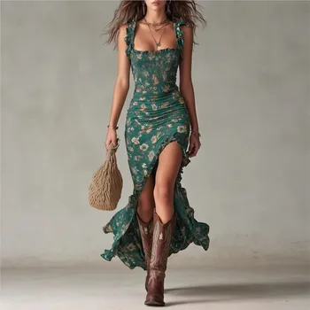 Women Elegant Floral Beach Vacation Streetwear Sexy Low Cut Beach Party Slim Slit Dress Chic Bodycon Lady Sleeveless Vestidos 1