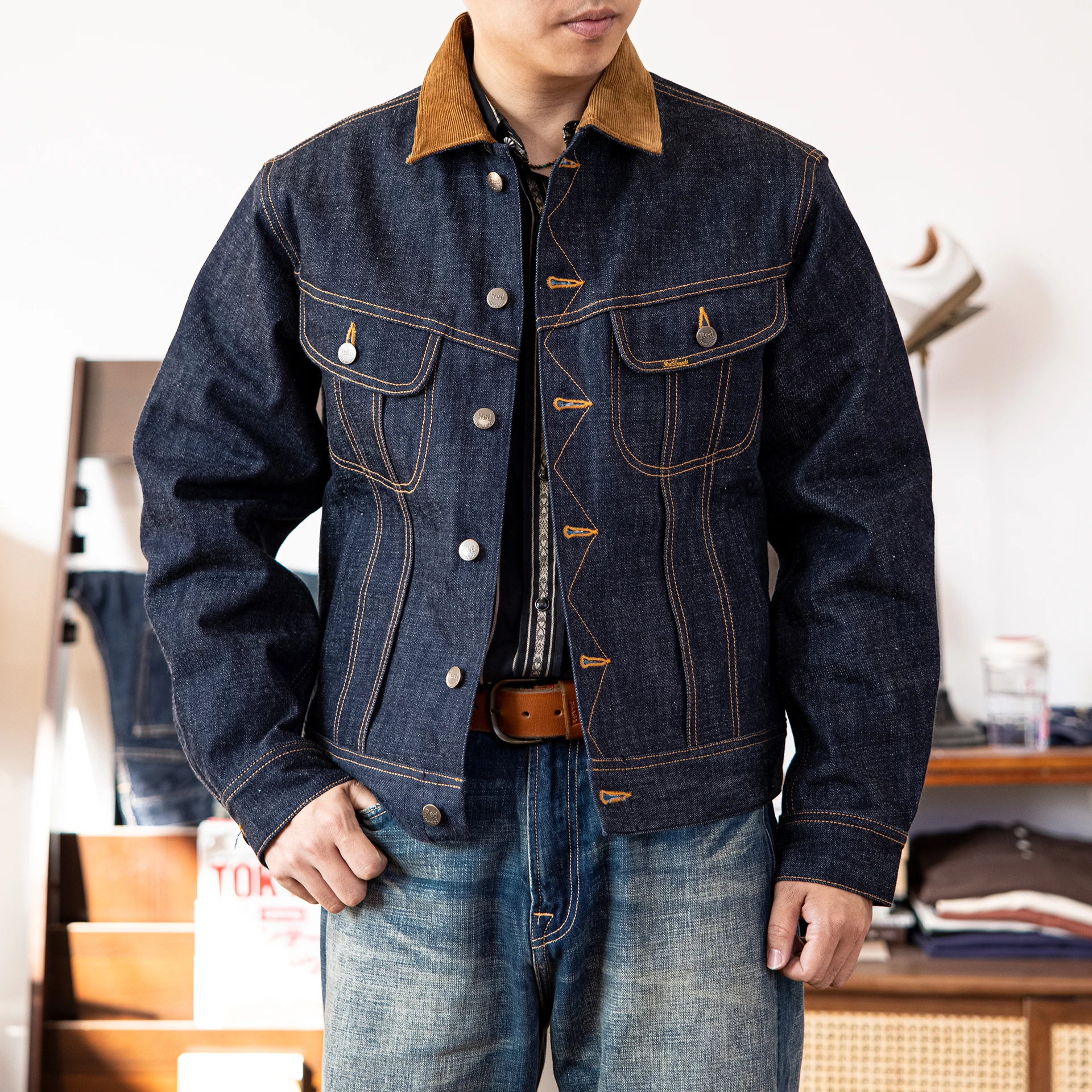 LE-0003 Big Size 18oz High Quality Cotton Denim Jacket Casual Stylish Unwashed Stormrider Coat 4