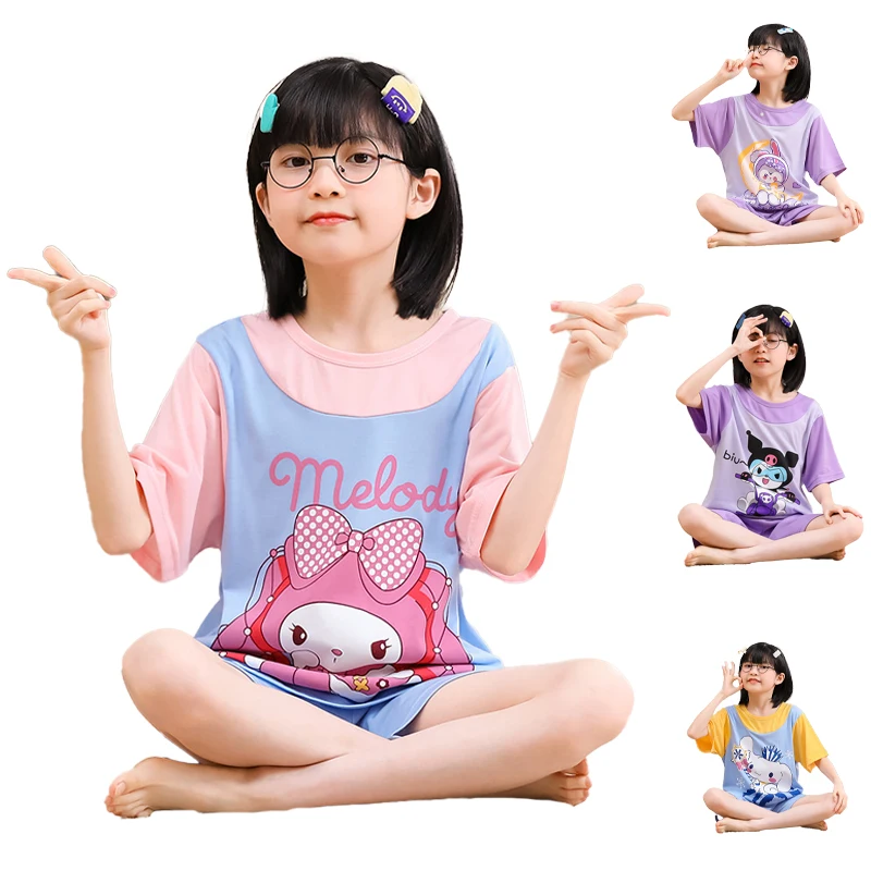 

Sanrio Cinnamorroll My Melody Kuromi Cartoon Summer Children Pajamas Star Dailu Boys and Girls Fashion Ice Silk Loungewear Set