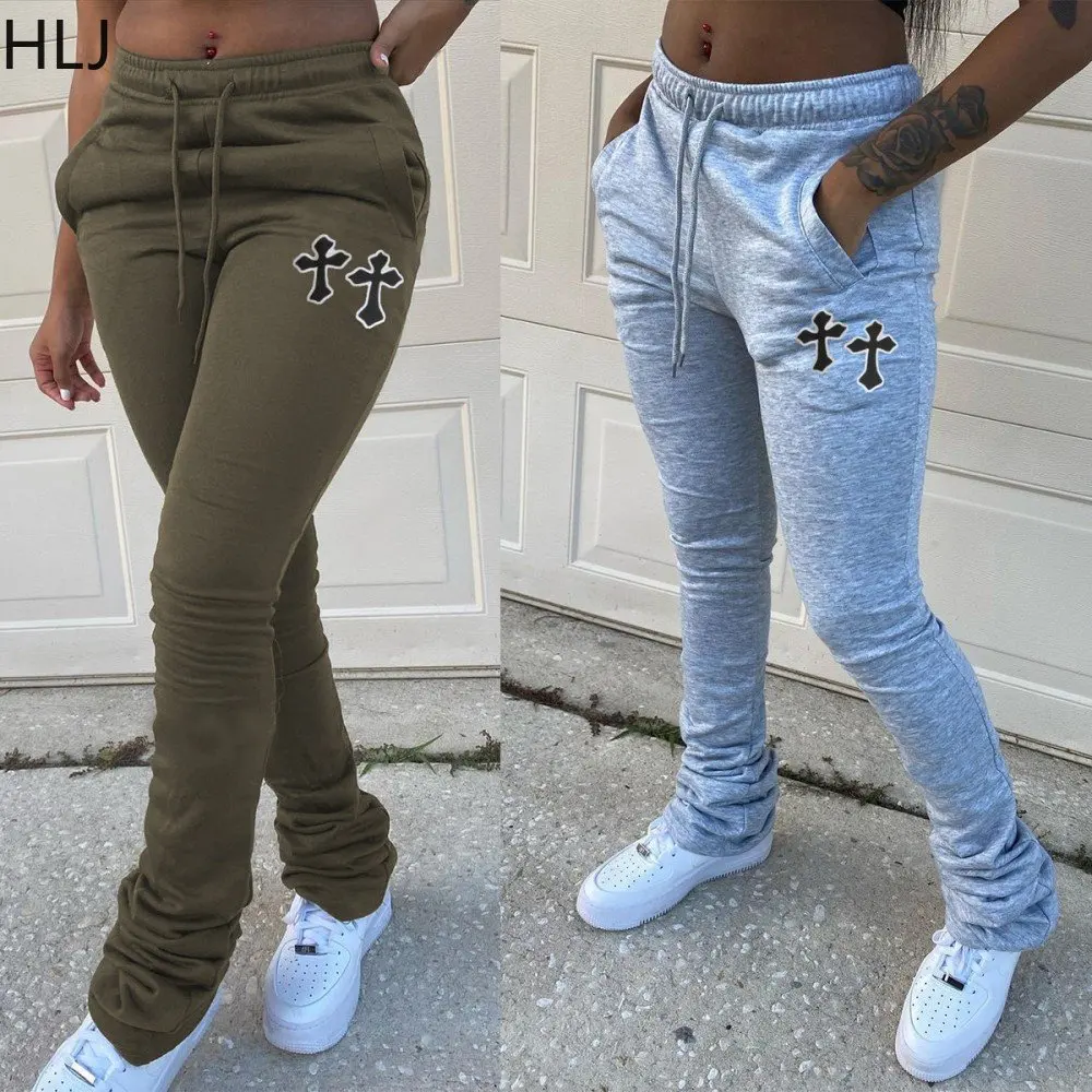 

HLJ Casual Printing Drawstring Sport Pants Women High Waist Stacked Trousers Spring Solid Color Jogger Bottoms Female Streetwear