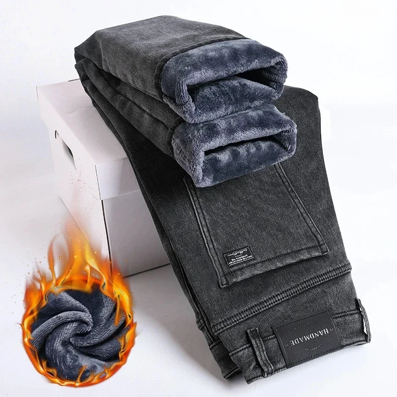 Men Winter Fleece Warm Jeans Brand 2024 Fashion Business Pants Retro Classic Denim Trousers Casual Stretch Slim Jeans Men