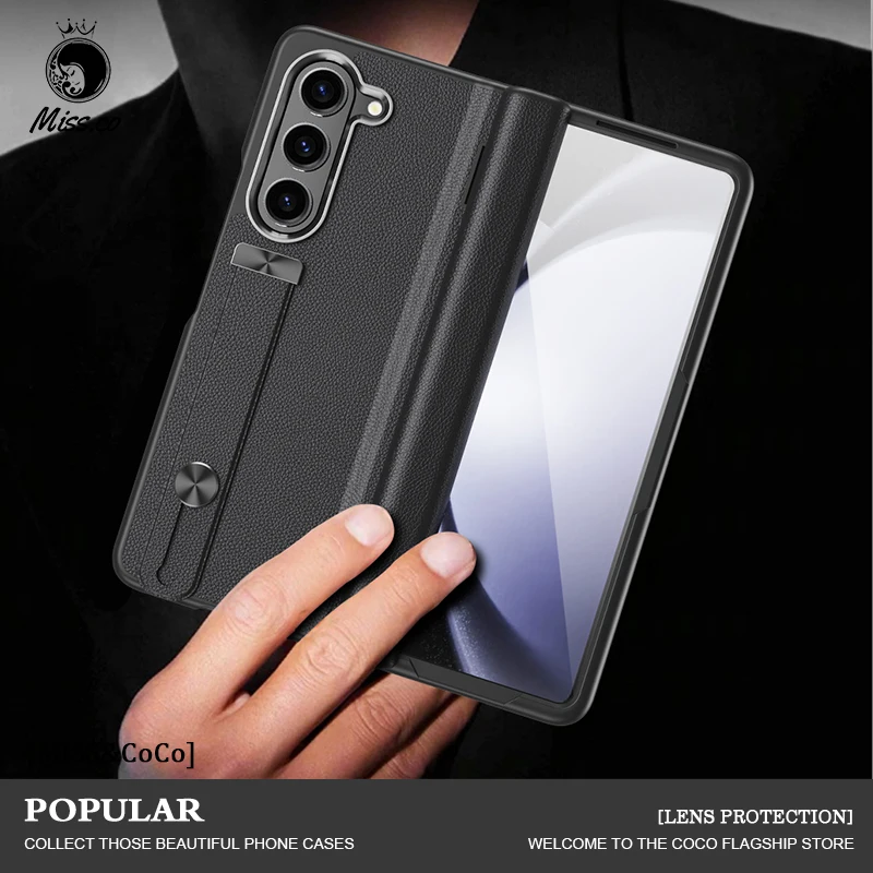 Luxury Ring Holder Leather Fold Phone Case For Samsung Galaxy Z Fold 3 4 5 Wrist Strap Holder Metal Lens Protection Phone Covers