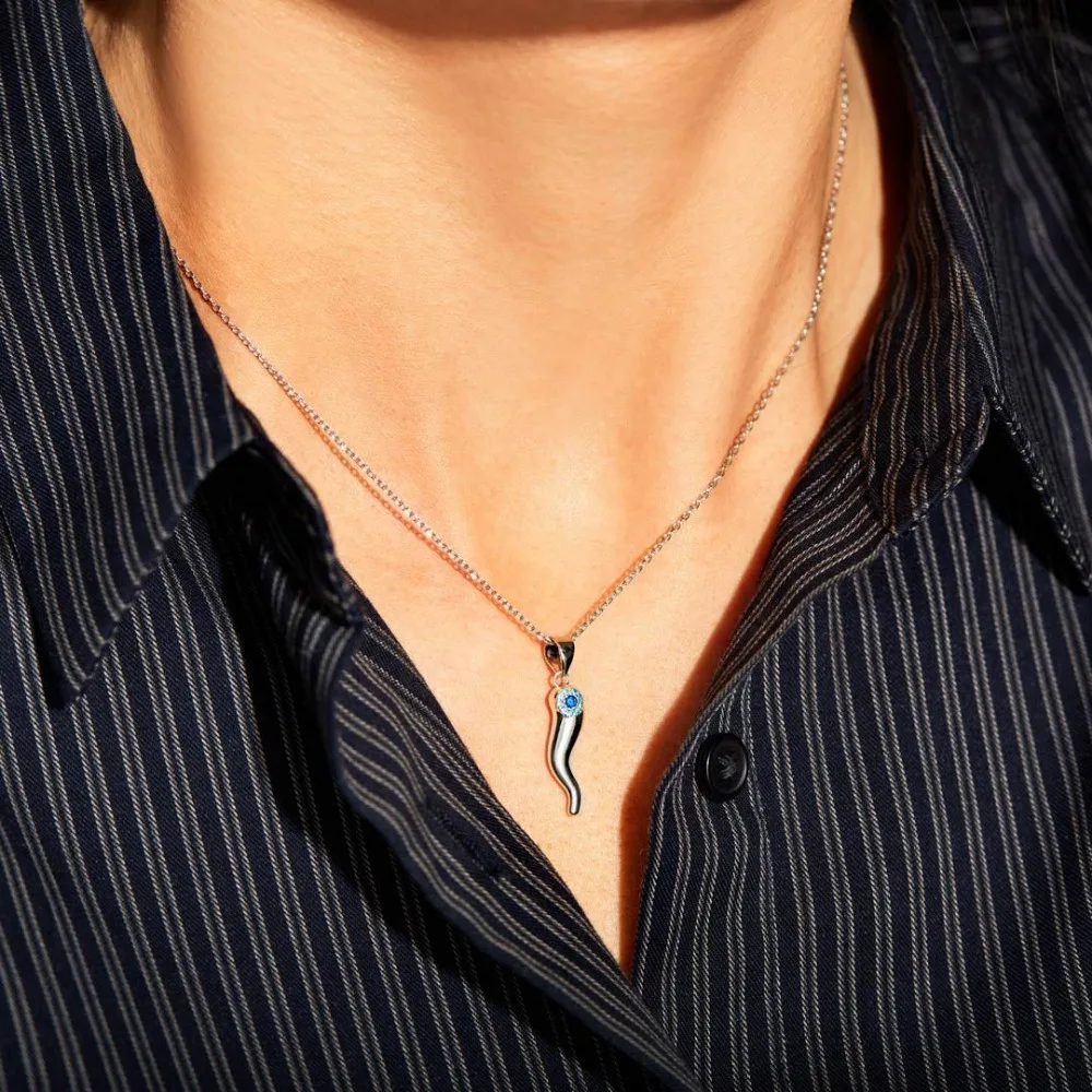 Trumium s925 Sterling Silver Blue Eye Necklaces for Women Men Italian Horn Pendant Chic Chains Necklace Fine Jewelry