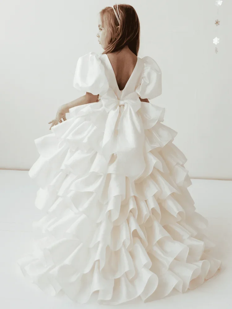 Robes de demoiselle d'honneur personnalisées à plusieurs niveaux avec nœud et queue, beige, manches courtes, mariage, fête d'anniversaire, sainte cène, quoi que ce soit