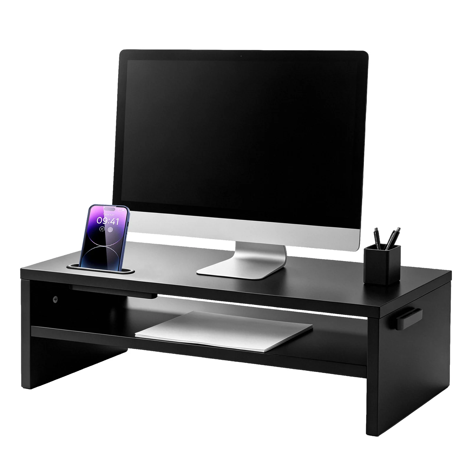 2-Tier Wooden Monitor Stand Riser with Storage Shelf and Cable Organizer, Fits Laptop & Desktop PC, Space-Saving Desk Organizer for Home Office Dorm Room Use