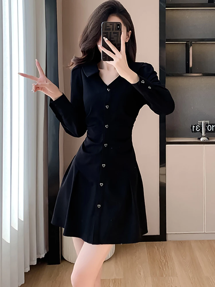 

Black Long Sleeve Single Breasted Mini Shirt Dress for Women Spring Elegant Casual A-line Dress 2023 Korean Bodycon Party Dress