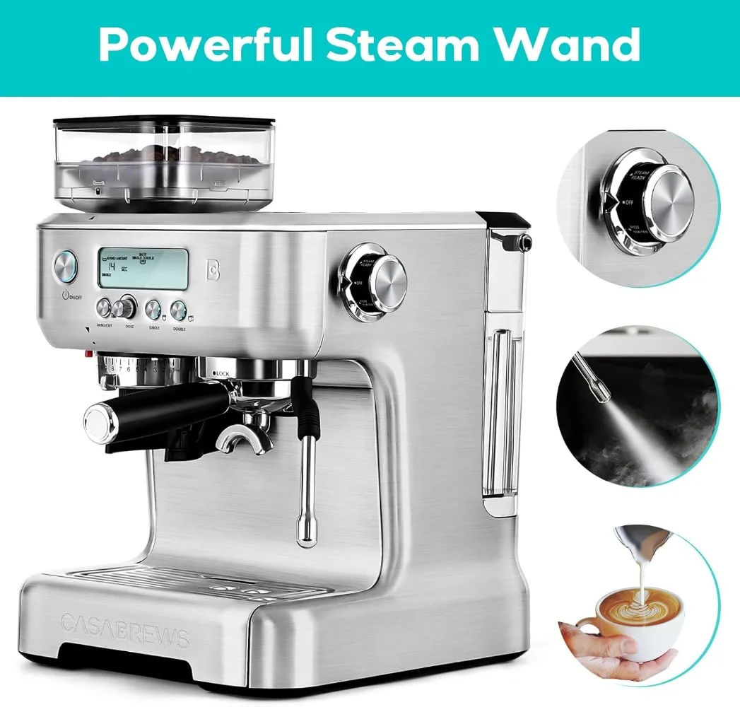 CASABREWS Espresso Machine W/ Grinder, Barista Espresso Maker W/ Milk Frother Steam Wand, Professional Cappuccino Latte Machine