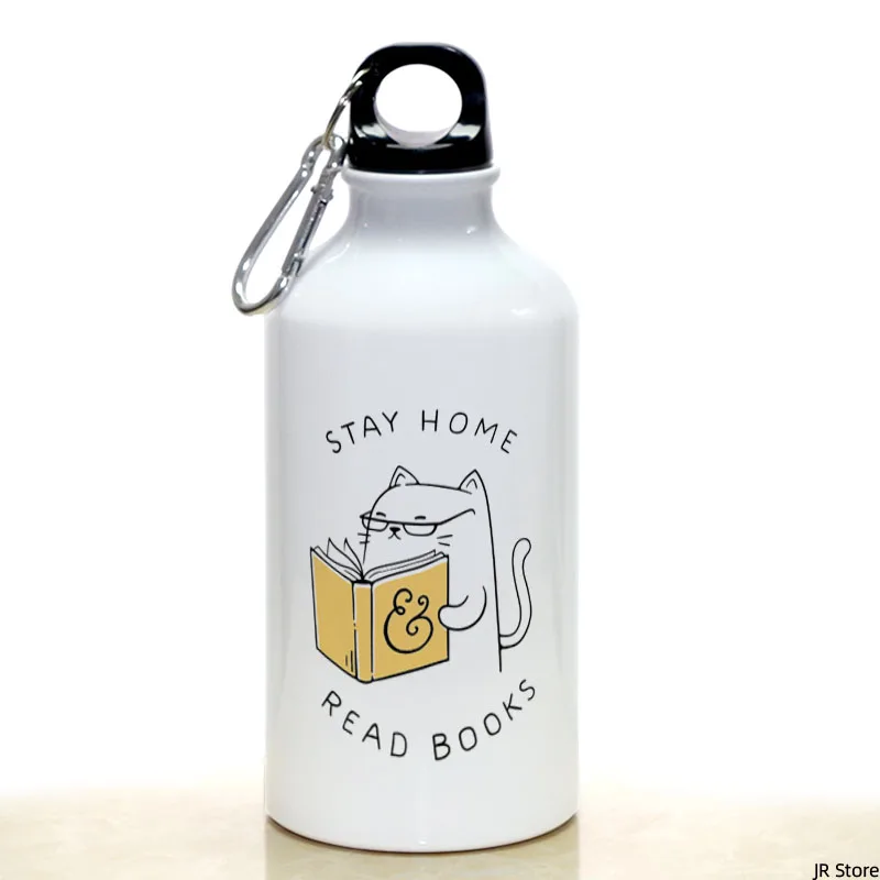 

STAY HOME AND READ BOOKS Cat Sport Water Bottle With Carabiner Gifts 17oz