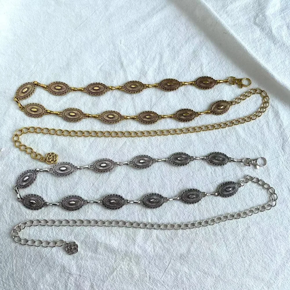 Retro style women's metal waist chain accessories Decorative circle carved chain belt high style accessories