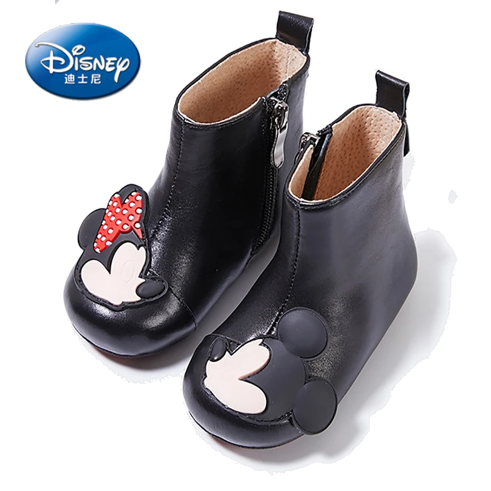 Disney Children Cow Leather Boots Girls Mickey Minnie Mouse Ankle Boots Kids Plus Velvet Warm Non-slip Outdoor Shoes Winter New