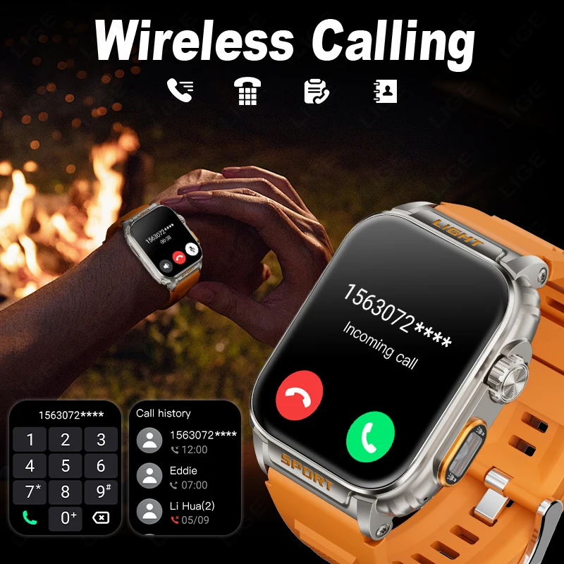 LIGE Fashion 430mAh Big Battary Ultra Smart Watch Men 1.91" IP68 Waterproof Man Watches With LED Powerful Flashlight Smartwatch