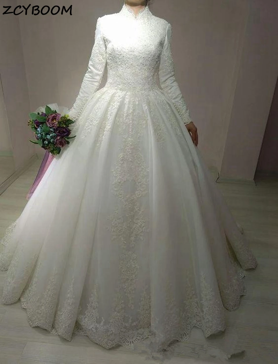 

Muslim Arabic A-Line Long Wedding Dresses For Women 2023 Lace Appliques Bridal Gowns Elegant High Neck Tulle Vestidos De Novia