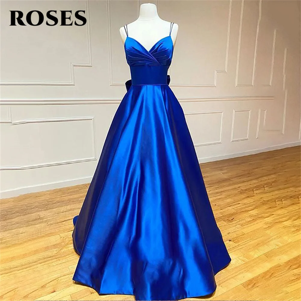 

ROSES Royal Blue Stain Formal Dress Spaghetti Strap Party Dress For Wedding With Bow A Line Special Occasion Dresses robe soirée