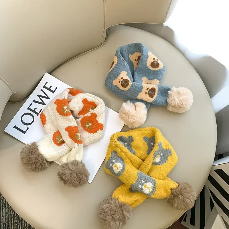 Children's Scarf Winter Trendy New Baby Knitted Wool Scarf Cross Hairball Versatile Windproof Boys and Girls' Neck