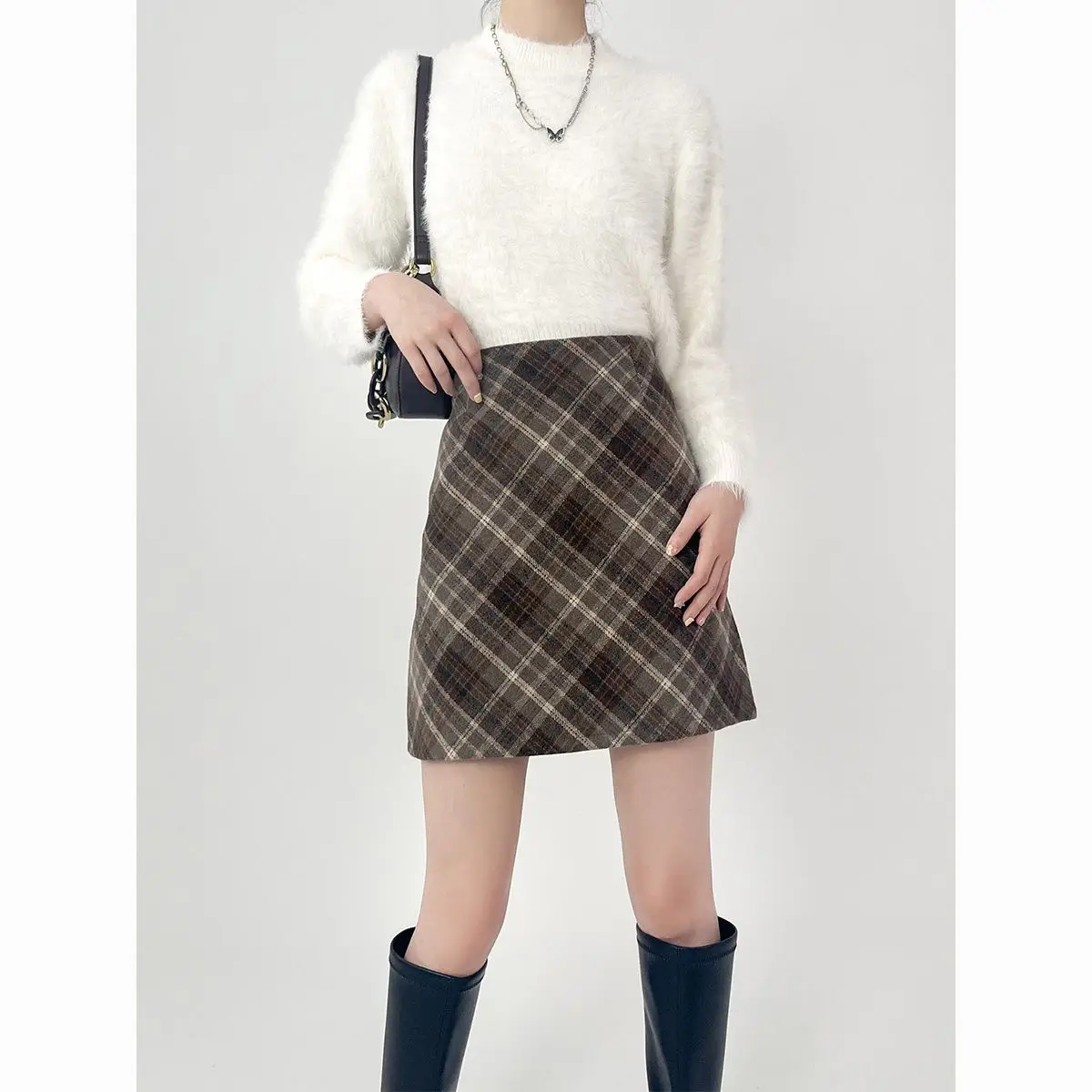 

Casual Woolen Plaid A-line Mini Skirts Autumn/winter Fashion High Waist Luxury Elegant Women's Skirts Stylish Korean Short Skirt