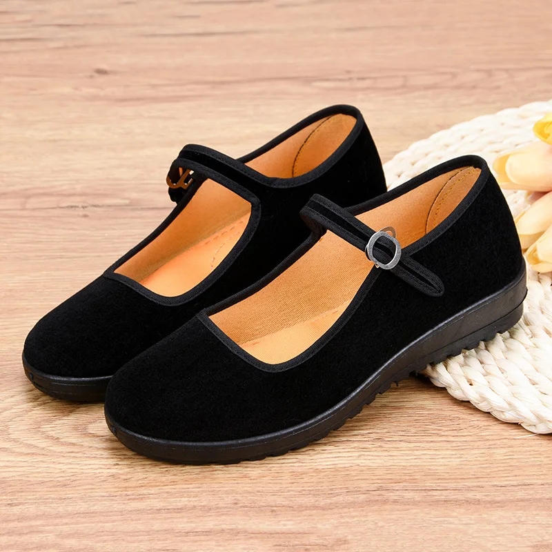 

Spring and Autumn Cloth Shoes Women's Hotel Black Work Shoes Buckle Dance Middle Aged Mom