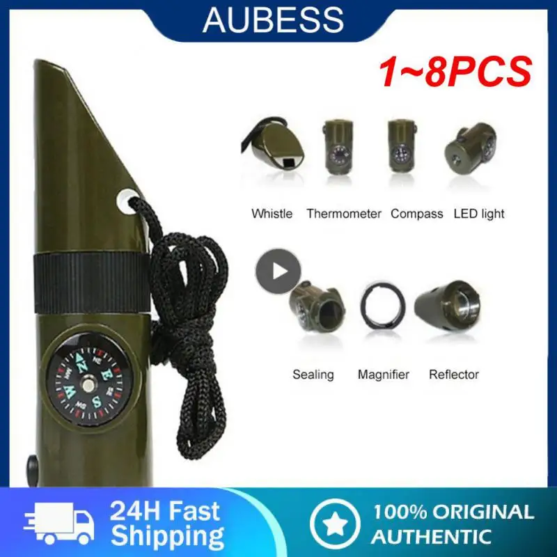 

1~8PCS In 1 Multifunctional Whistle Trekking Thermometer Compass Magnifier Mirror Led Light Outdoor Camping Survival