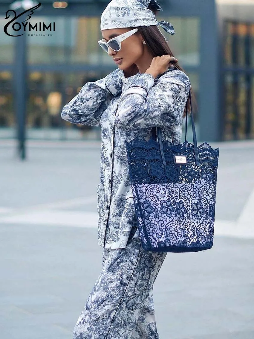 Oymimi Elegant Blue Print Sets For Women 2 Pieces Fashion Long Sleeve Button Pockets Shirts And High Waisted Straight Pants Sets