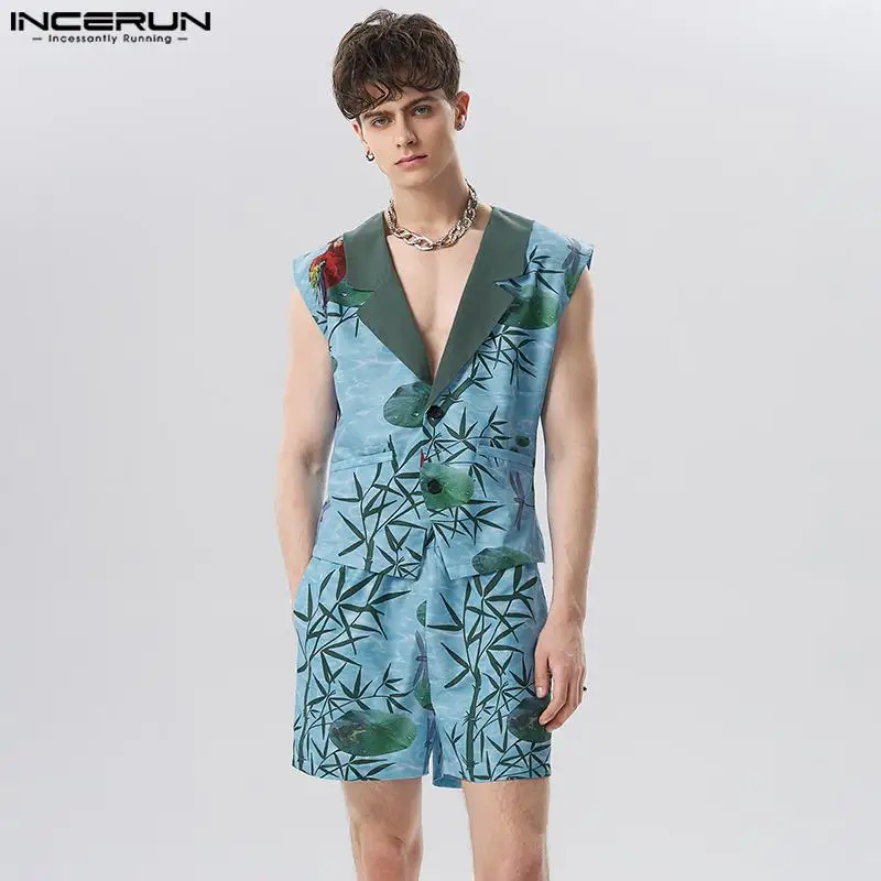 

INCERUN 2023 American Style New Men's Sets Otus Ieaf Dragonfly Print Pattern Vests Shorts Casual Streetwear Two-piece Sets S-5XL