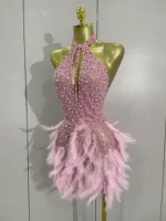 Women Luxury Rhinestones Pearls Feathers Halter Backless Short Dress Women Sexy Celebrate Birthday Dress Nightclub Stage Costume - Image 2