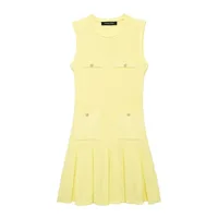 Women Pale Yellow Knitted Pleated Dress Summer Fashion Pockets O-Neck Sleeveless A-line Mini Dress Official