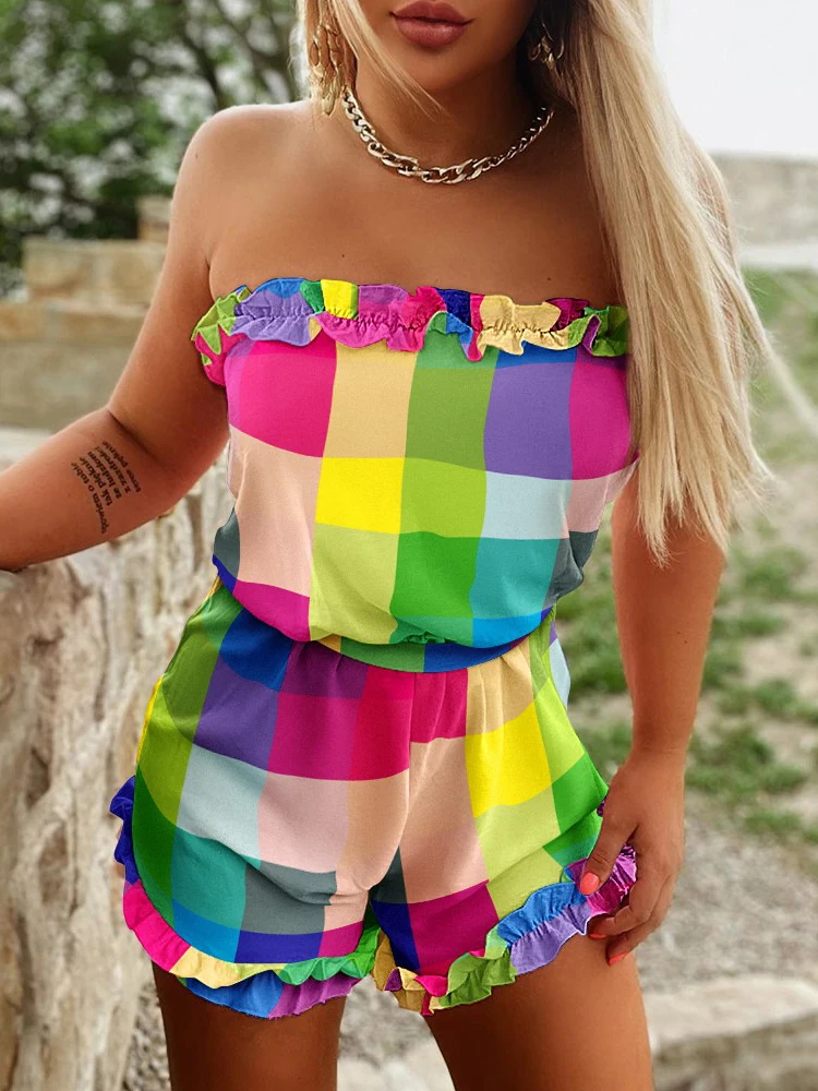

2022 Summer Casual shourts Romper Fashion Pieces For Women Pastel Frill Hem Backless Bandeau Romper Set Of One