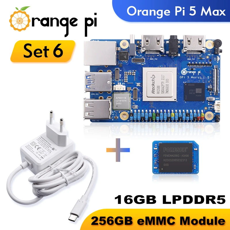 Orange Pi 5 Max 16GB RAM + 256GB eMMC Module + Power Supply