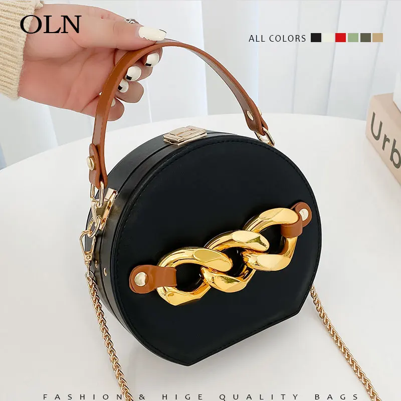 

Women'S Leather Shoulder Bag With Chain Green Gray Red Round Crossbody Bags Short Handle Creative Small Purses And Handbags