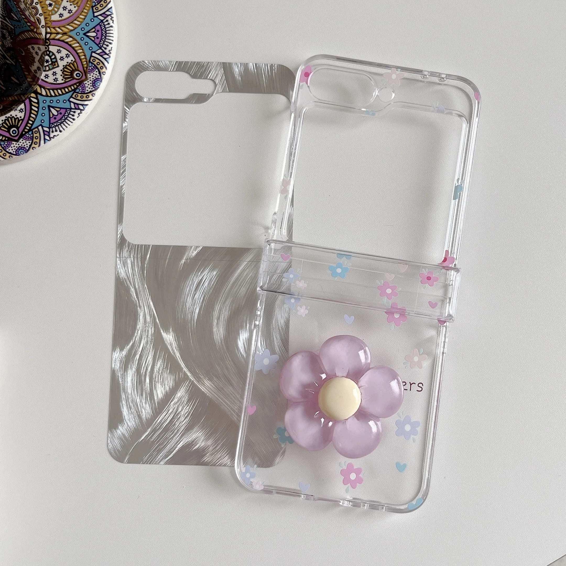 3D Purple Flower Blooming Dual-Mode Clear Protective Case with Lanyard - Middle Axis Design