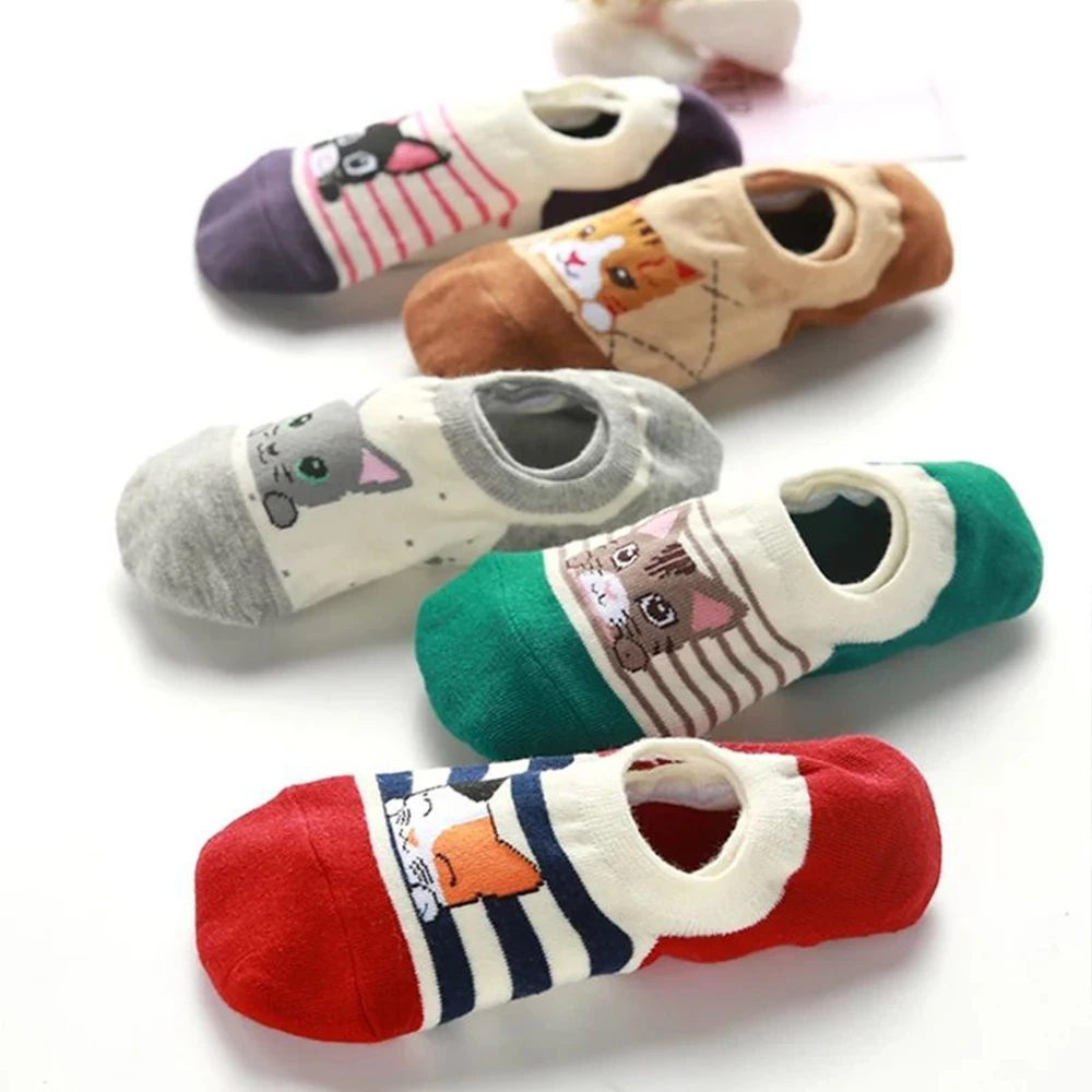 5Pairs Cartoon Kawaii Woman Socks Casual Cute Cat Dog Various Styles Sock Cotton Funny Invisible Cozy Girl Slipper Ankle Socks