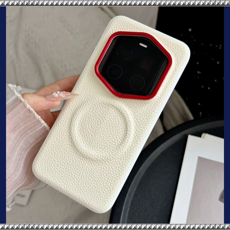 Luxury Magnetic Lychee Pattern PU Leather Non-Slip Phone Case with Metal Camera Frame