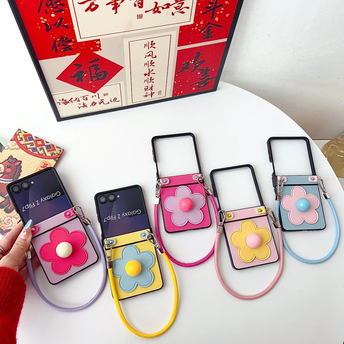 Floral 3D Leather Wristband Phone Case with Shockproof Hinge Protection