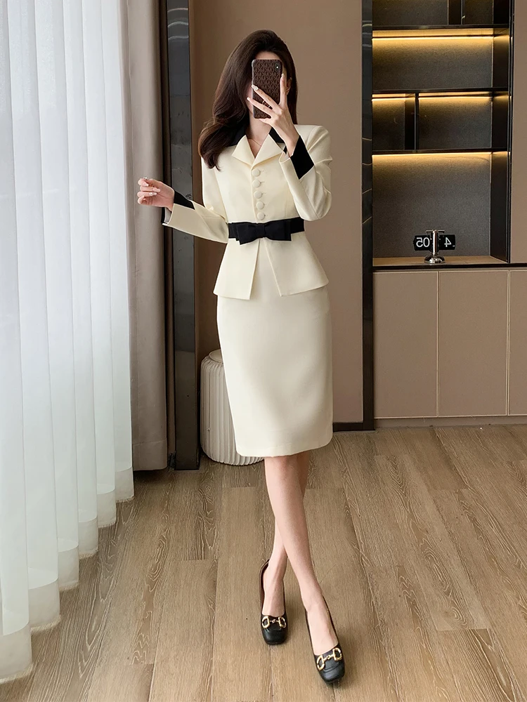 Fashion Women Casual Blazer Skirt Suit Ladies Pink Beige Long - Main Image