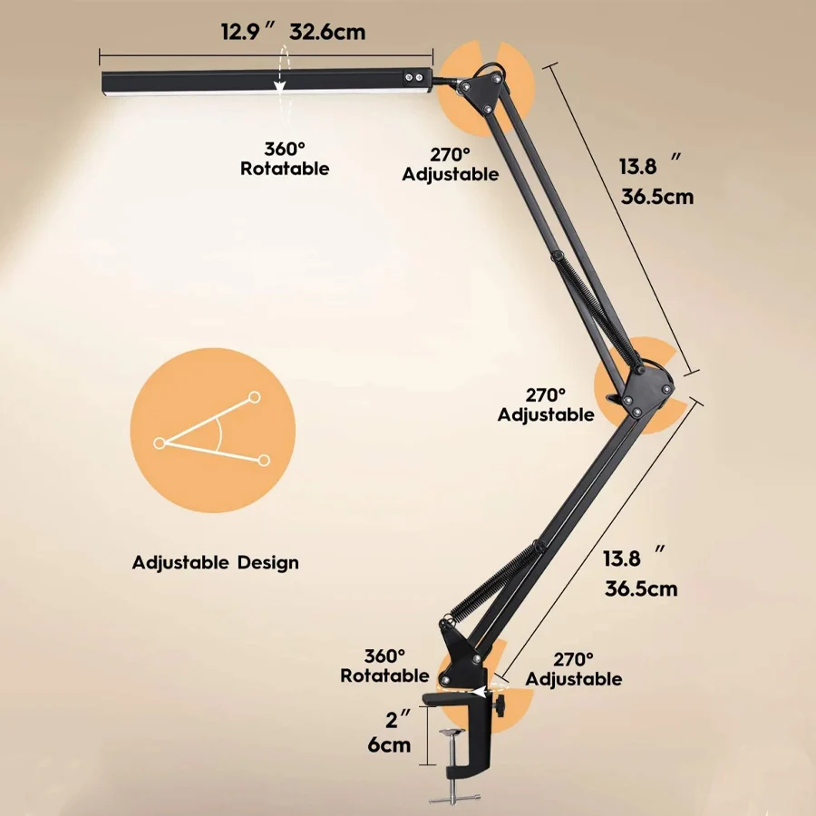 Adjustable LED Desk Lamp with Clamp - Dimmable Eye-Caring Light, 10 Brightness Levels & 3 Lighting Modes