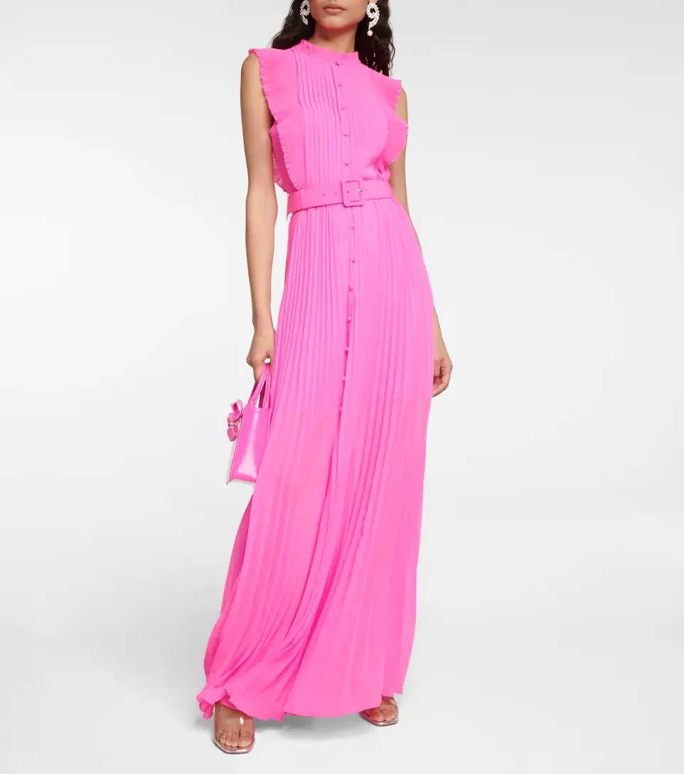 

Women's Mid Calf Robe Solid Color Pleated Ruffles Collar Single Breasted Belt Butterfly Sleeve Dress Sweet