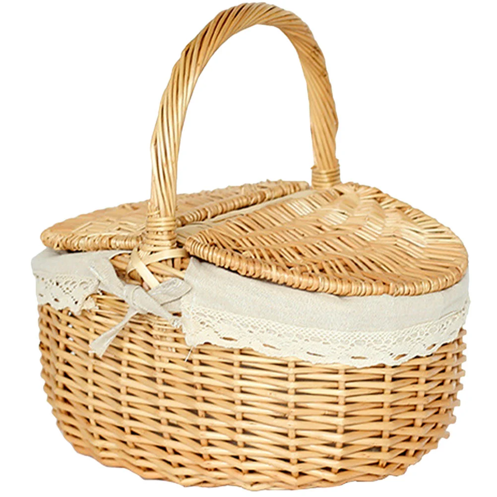 

Storage Basket Wicker Basket Egg Gathering Picnic Fruit Bread Breakfast Basket with Lid Portable Outdoor Camping Storage