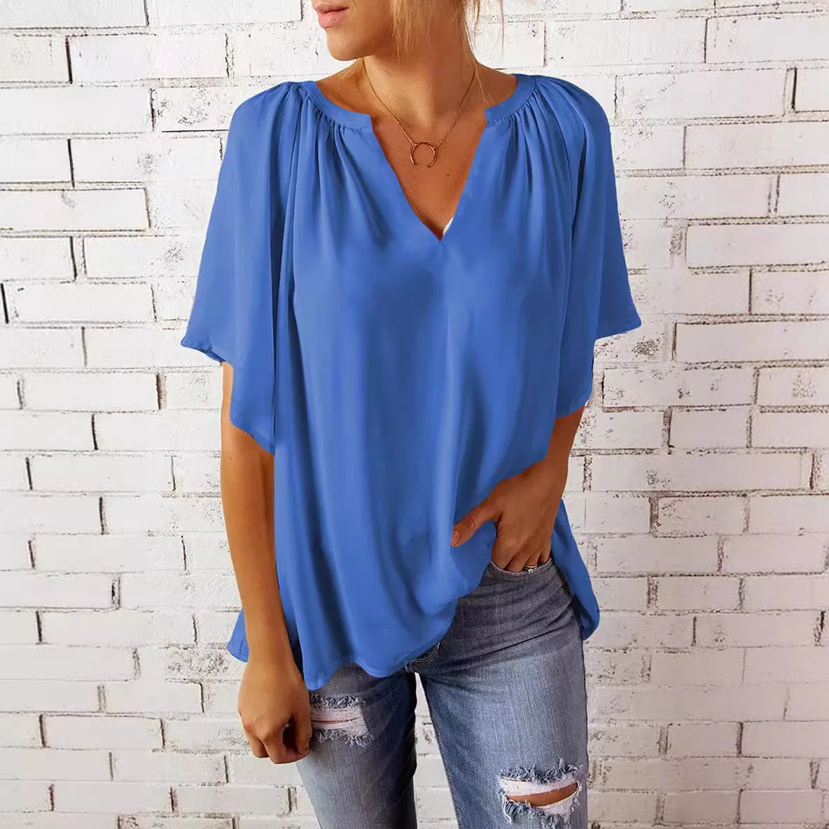 Casual Female V Neck Half Sleeve Loose T Shirts