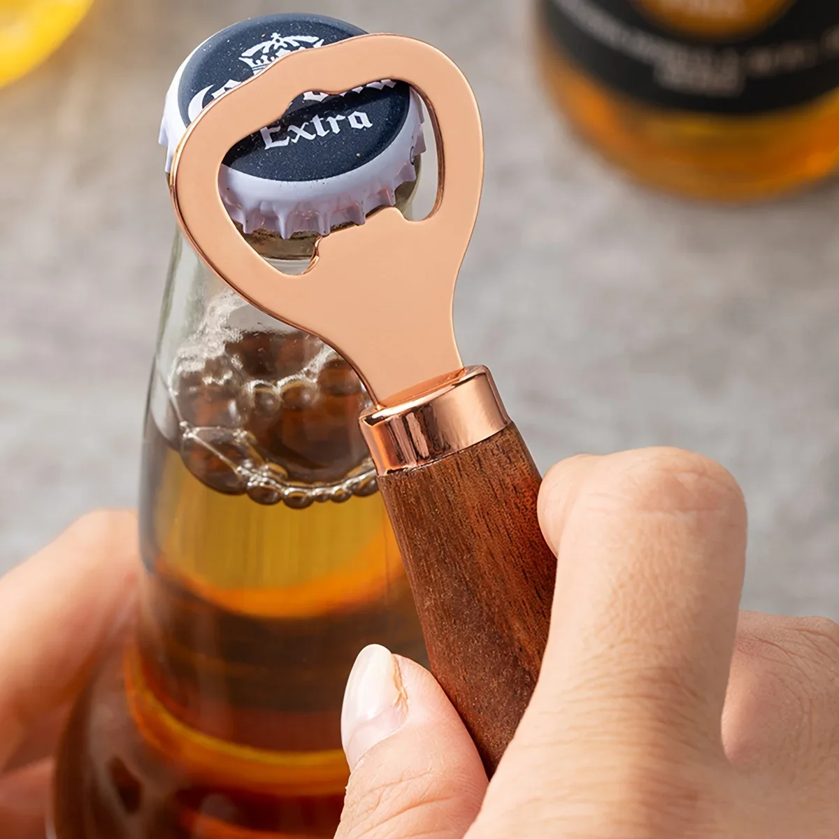 1pc Elegant Acacia Wood Beer Bottle Opener with Rose Golden Stainless Steel Lever - Durable, Creative Vertical Corkscrew
