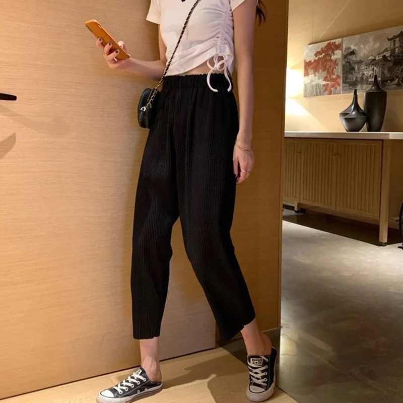 corduroy pants Rimocy Elastic Wide Leg Summer Pants Women 2022 High Waist Pleated Casual Pants Woman Comfy Solid Color Loose Sweatpants Female adidas track pants