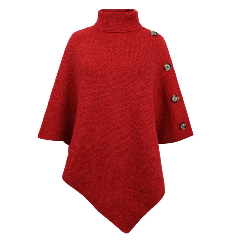 

Fashion Autumn Winter Button Poncho Women Sweater Oversized Turtleneck Jumper Knitwear Holiday Vintage Cape Sleeve Red Cloak